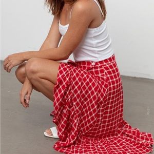 RAILS picnic peasant midi wrap shirt plaid red white xs slit ruffle Lizzy AFAL2